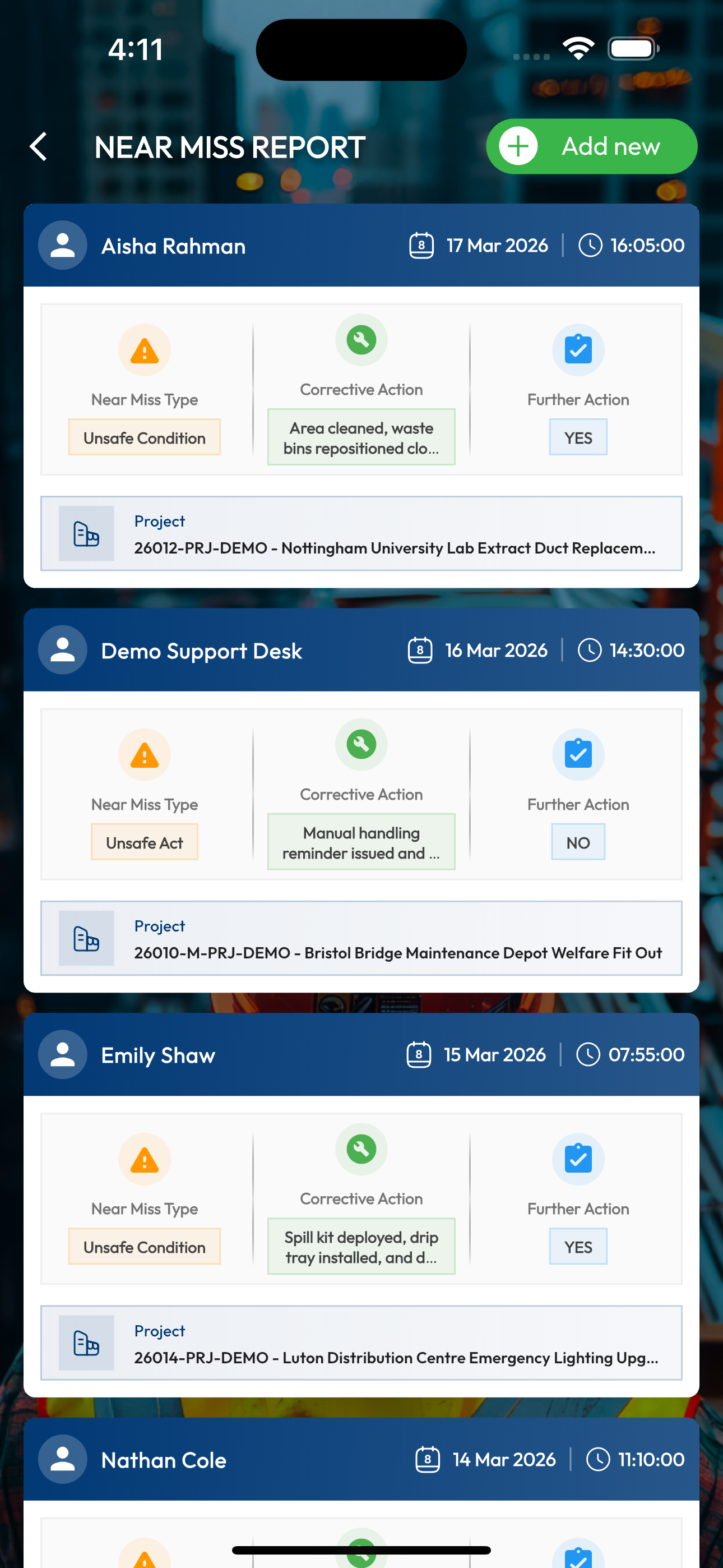 Near miss report on the mobile app