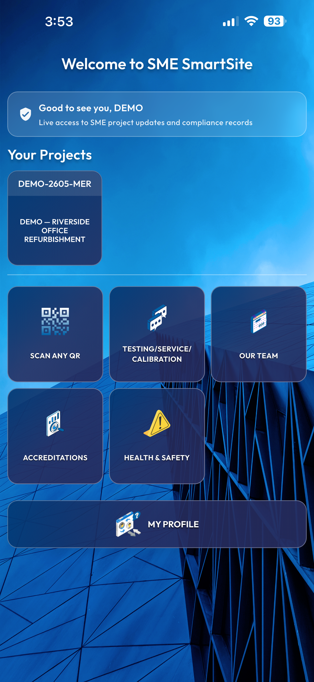 SmartSite mobile app — client home