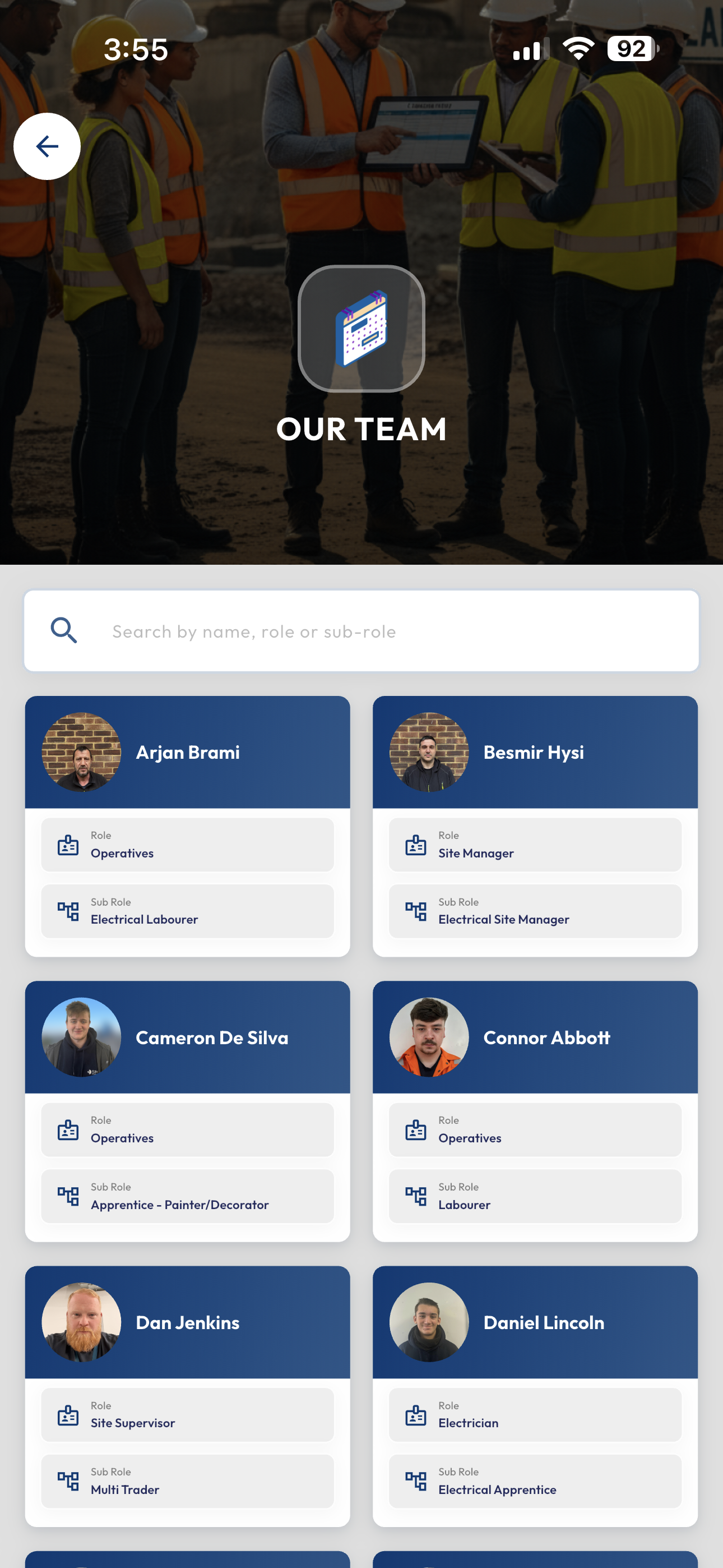 SME project team — assigned personnel in the app