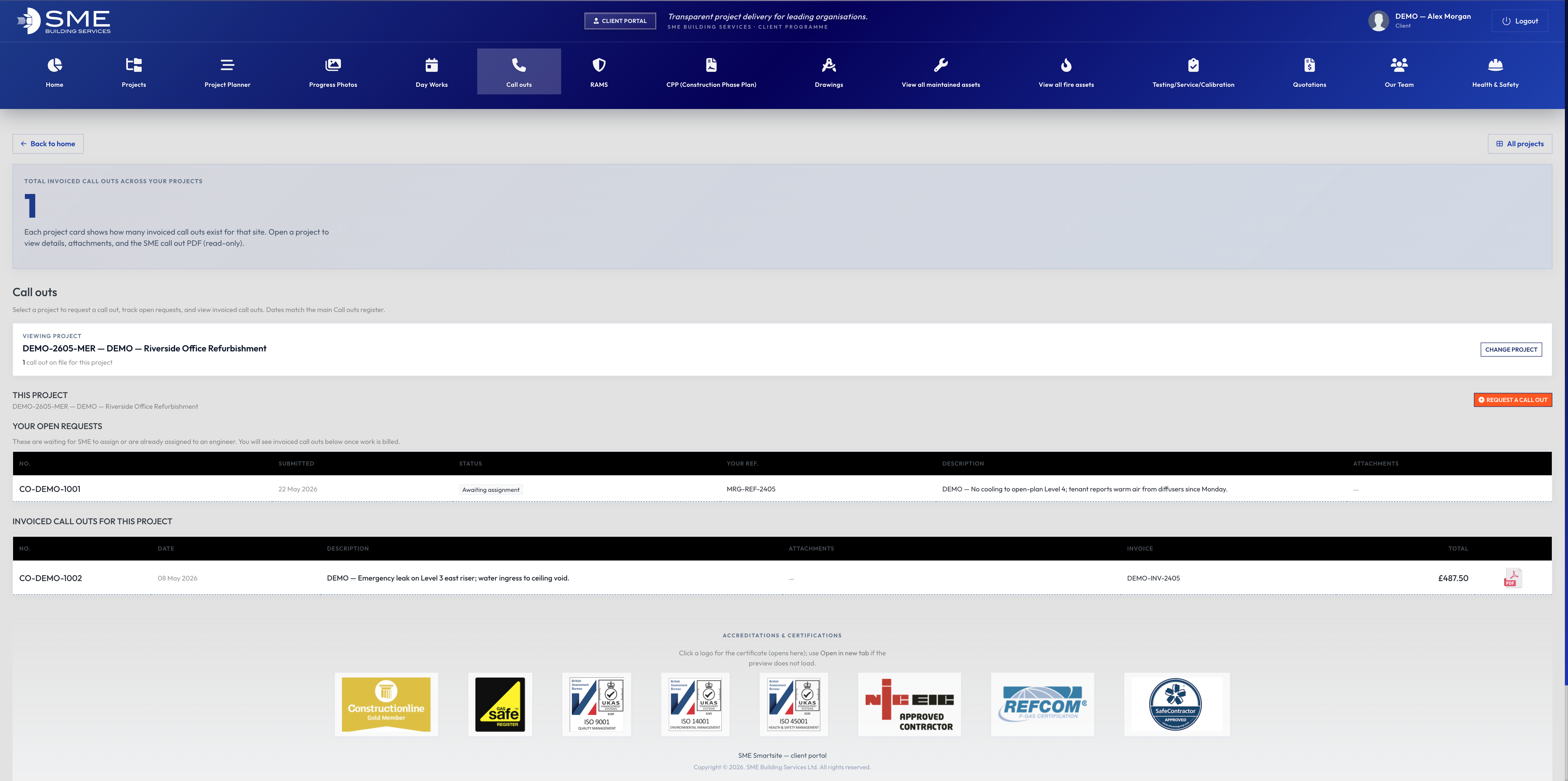 Client call-outs — view live and raise a new request